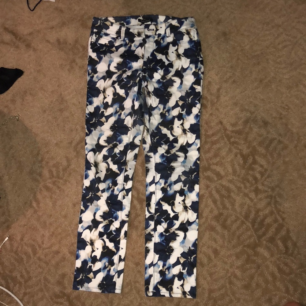 Floral navy, tan and white pants